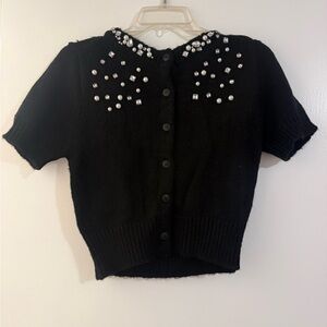 Aqua Black Short-Sleeve Beaded Cardigan